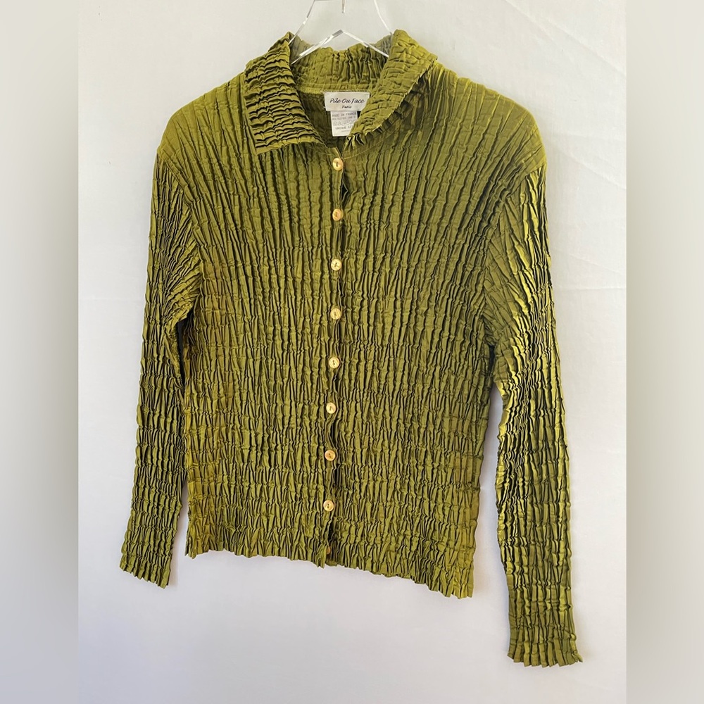 Pile Au Face France Pleated Green Chartreuse Button Down Shirt L